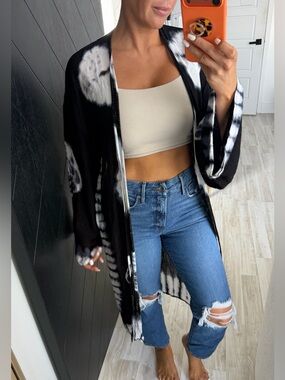 Black & White Tie-Dye Open Kimono